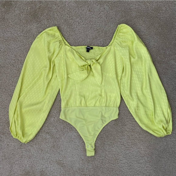 Express Medium Green Yellow Long Sleeve Blouse Bodysuit - Picture 2 of 8